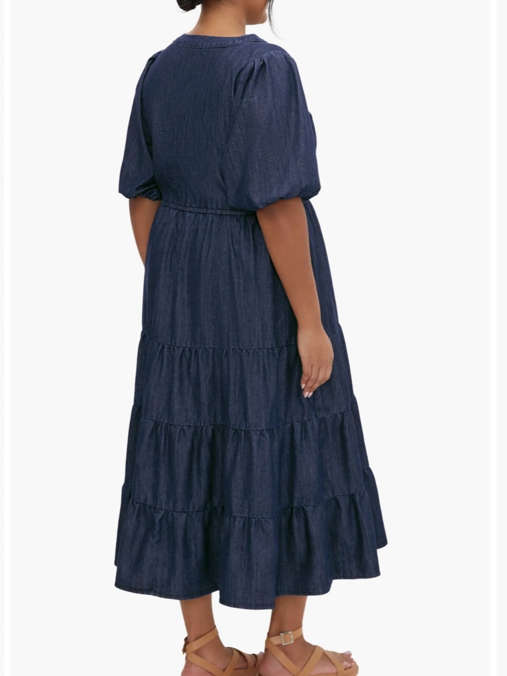 City Chic August Short Sleeve Dark Blue Denim Tiered Midi Dress - Picture 2 of 11